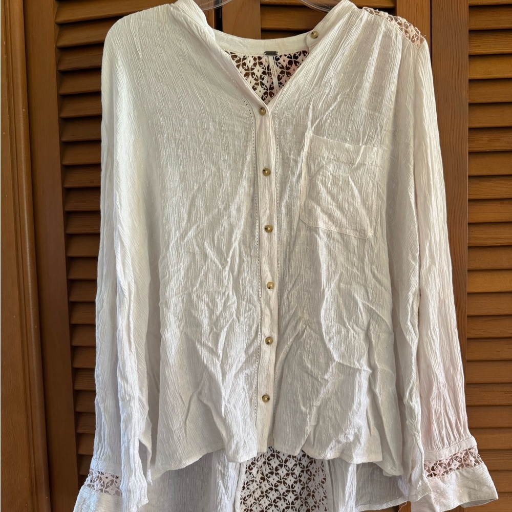 Free People White Button-Up Women's Top, lace detail back, S